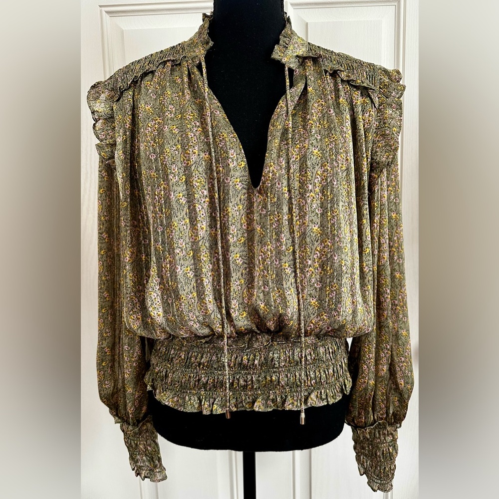 Elan Gold Ruffled Smocked Blouse with Mandarin Collar, Medium